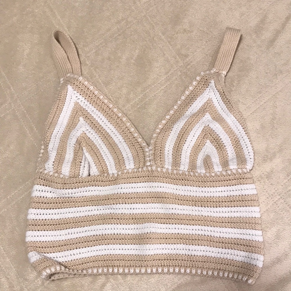 Striped Beige and White Crochet Tank Top